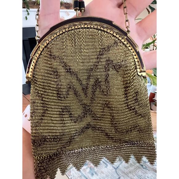 Vintage Gold Link Mesh Purse, Dresden German, Kissing Clasp, Metal Frame - Picture 7 of 10